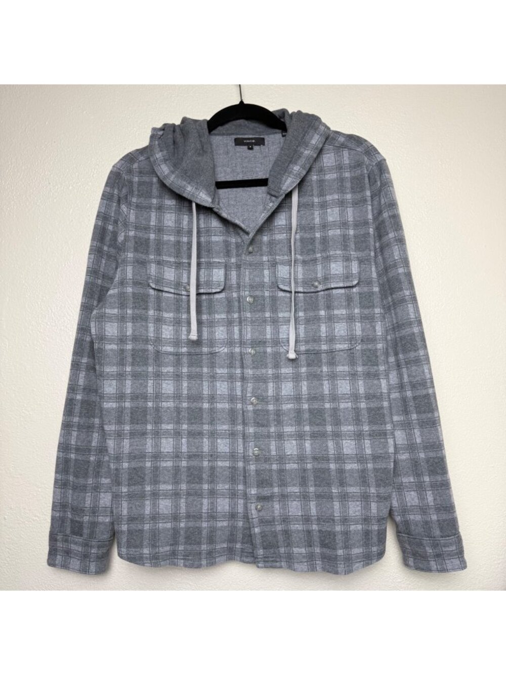 VINCE Men's Gray Plaid Hooded Button Up Long Sleeve Sz M